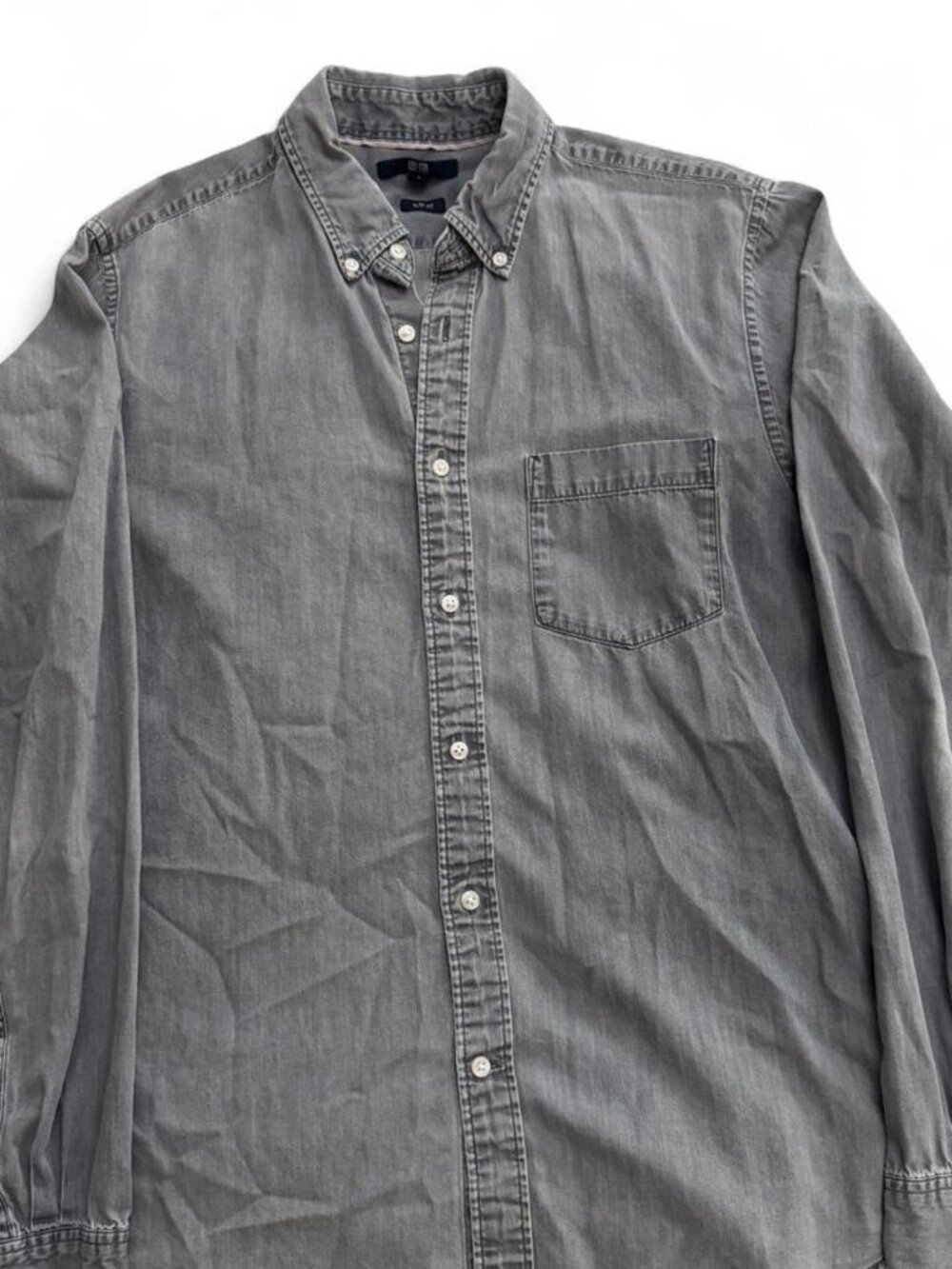 UNIQLO Men's Gray Denim Long Sleeve Button Down Shirt Slim Fit Size Medium M